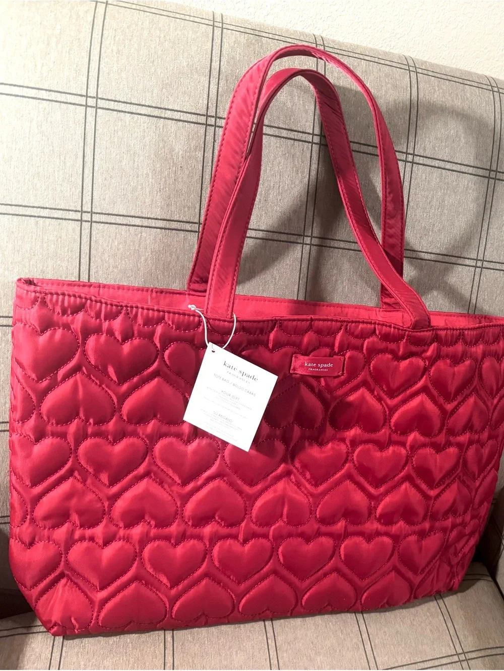 kate spade fragrances Quilted Heart-Pattern Tote in Deep Pink